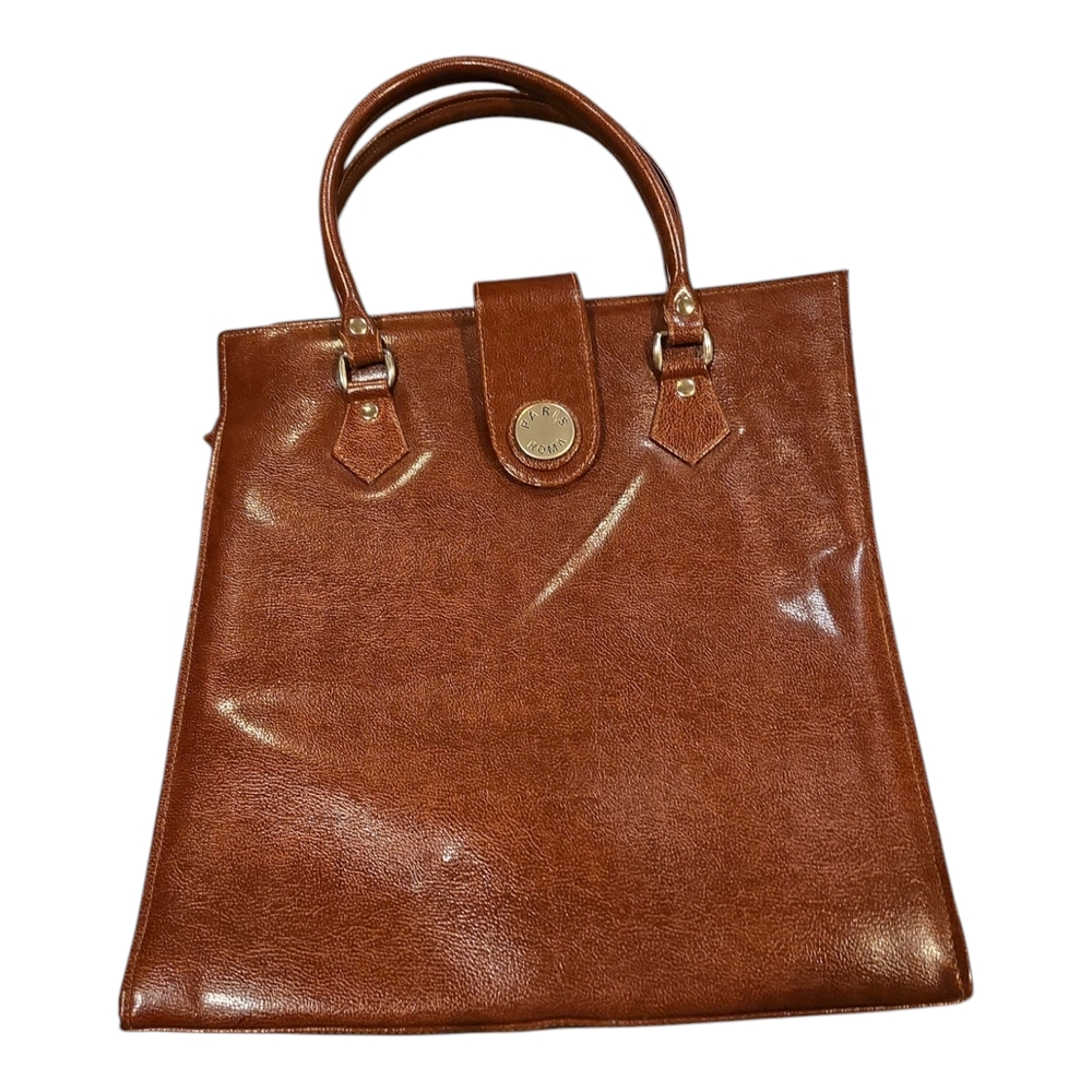 Brown Leather Tote with Gold Hardware and Structured Shape